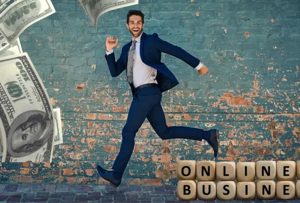 concept de online business, homme d'affaire qui est entrain de jublier