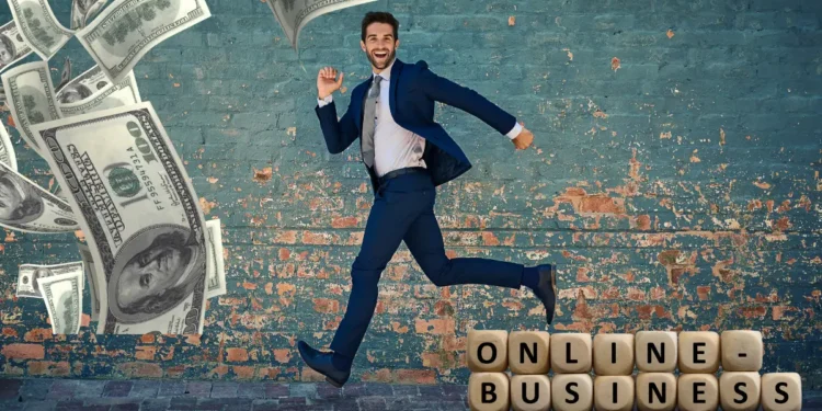 concept de online business, homme d'affaire qui est entrain de jublier