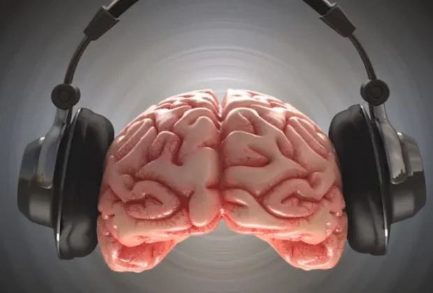 Cerveau humain enregistrant des informations avec un casque. Tracé de détourage inclus