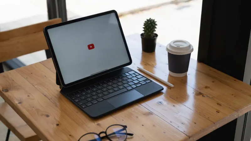 Ipad Apple avec logo You Tube à l'écran, posé sur un bureau en bois